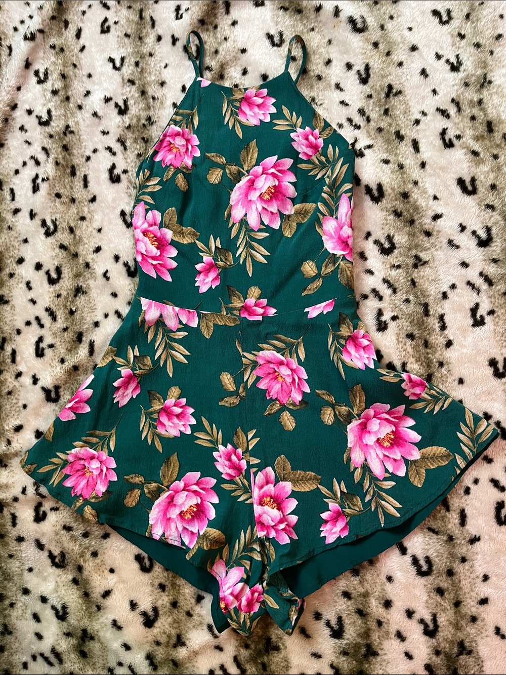 Forever 21 Green Romper with Pink Floral Print
